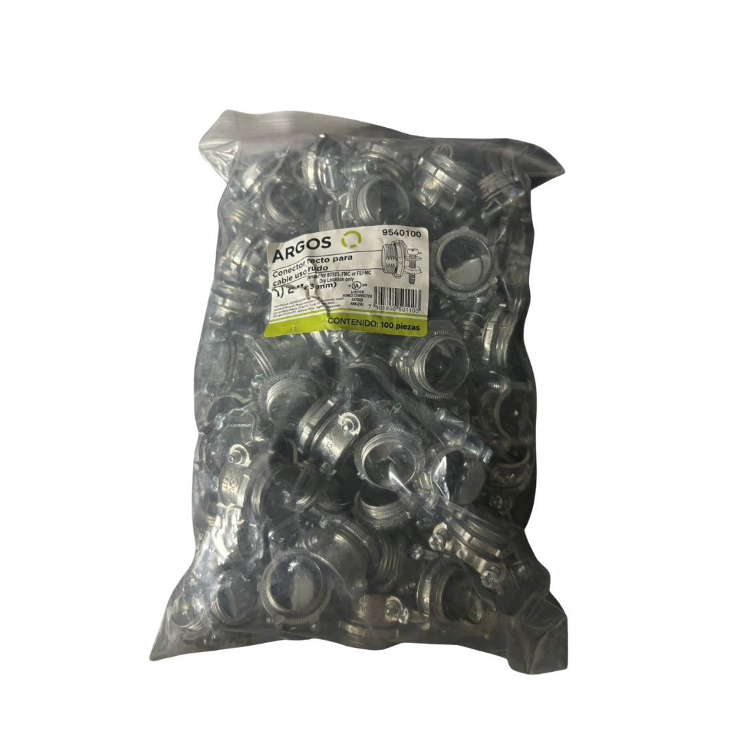 Conector recto para cable uso rudo 1/2" (13 mm) 100 pz.