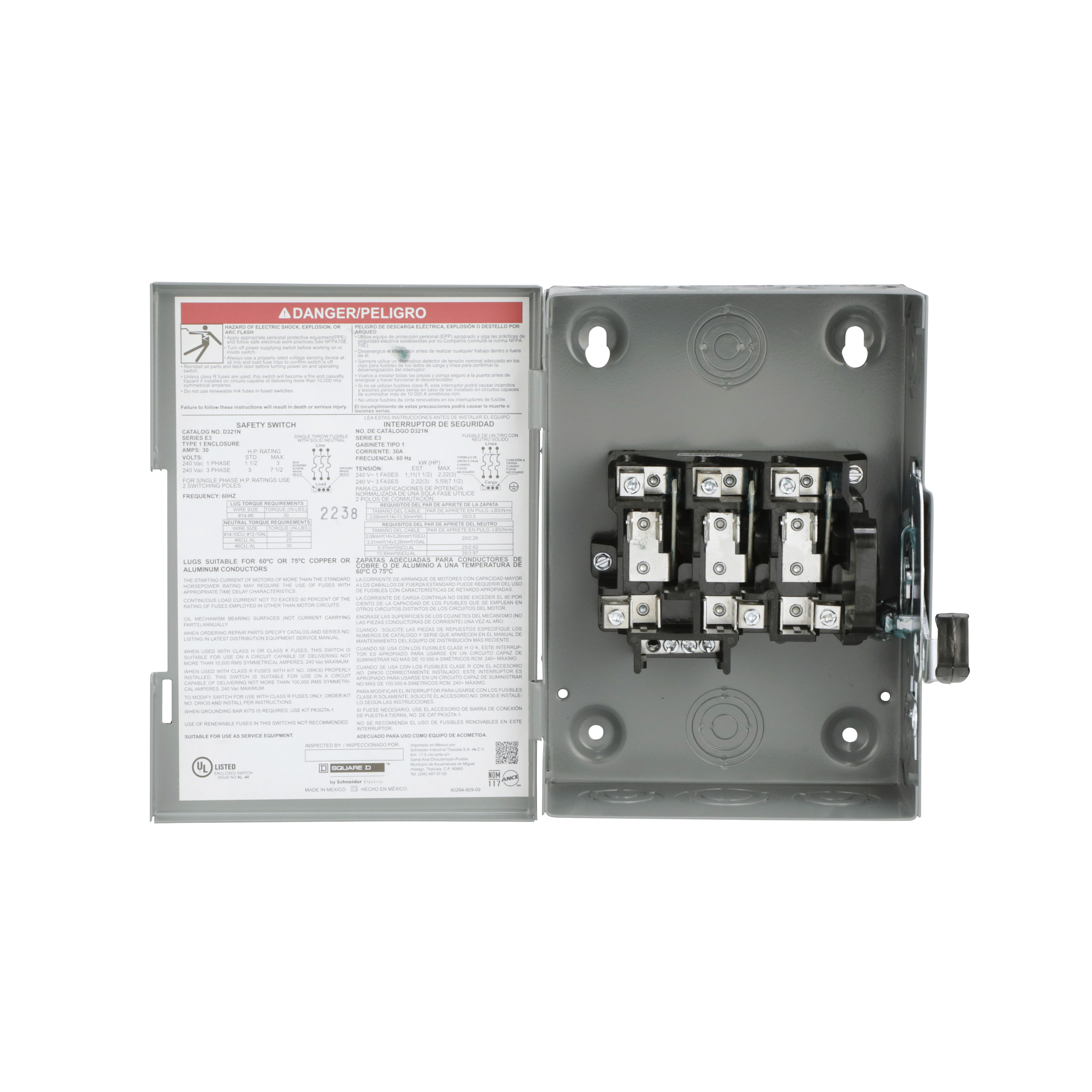 Interruptor de Seguridad Squere D 30A 3 Polos 240V | D321N NEMA 1 con portafusibles