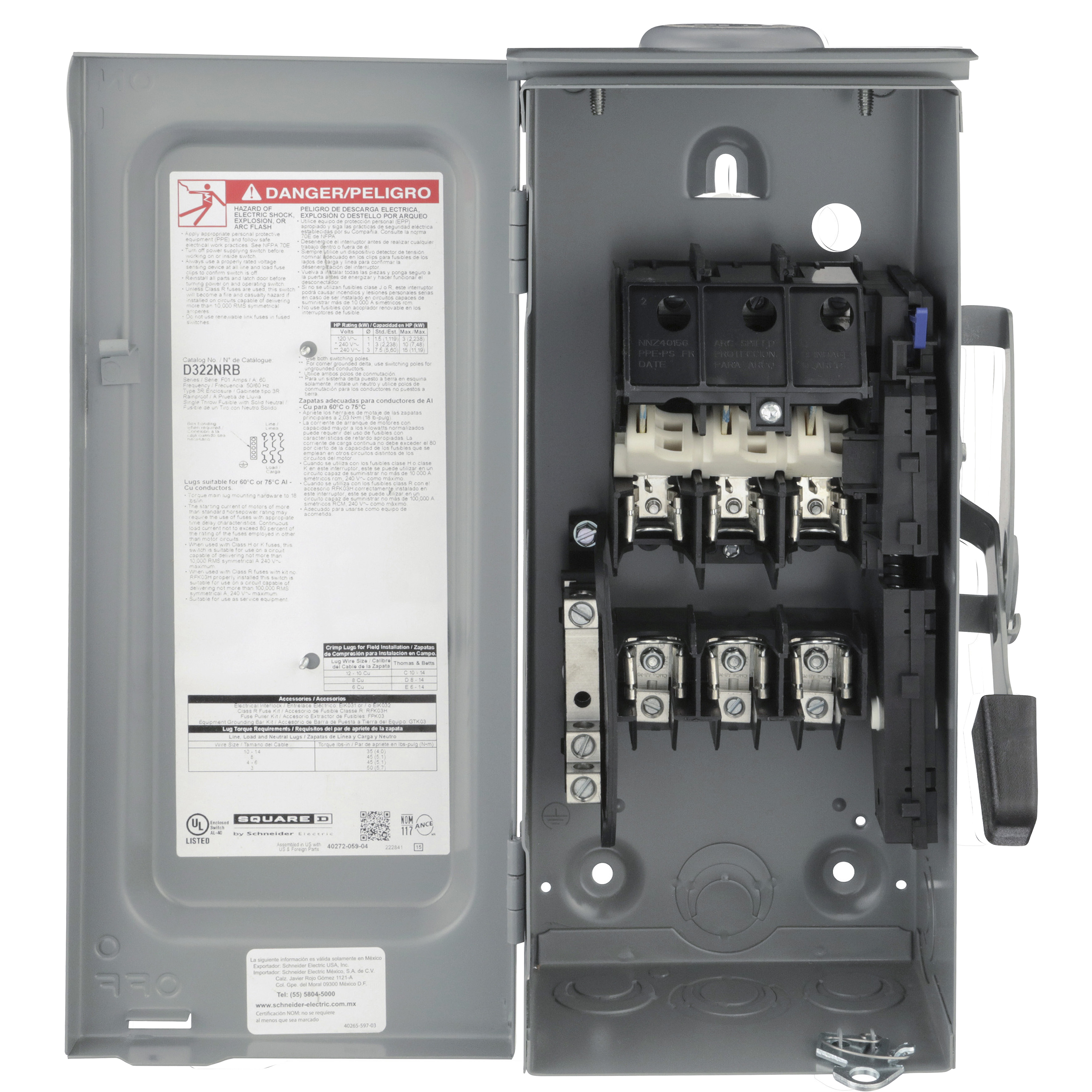 Interruptor de Seguridad Squere D 60A 3 Polos 240V | D322NRB NEMA 3R con portafusibles