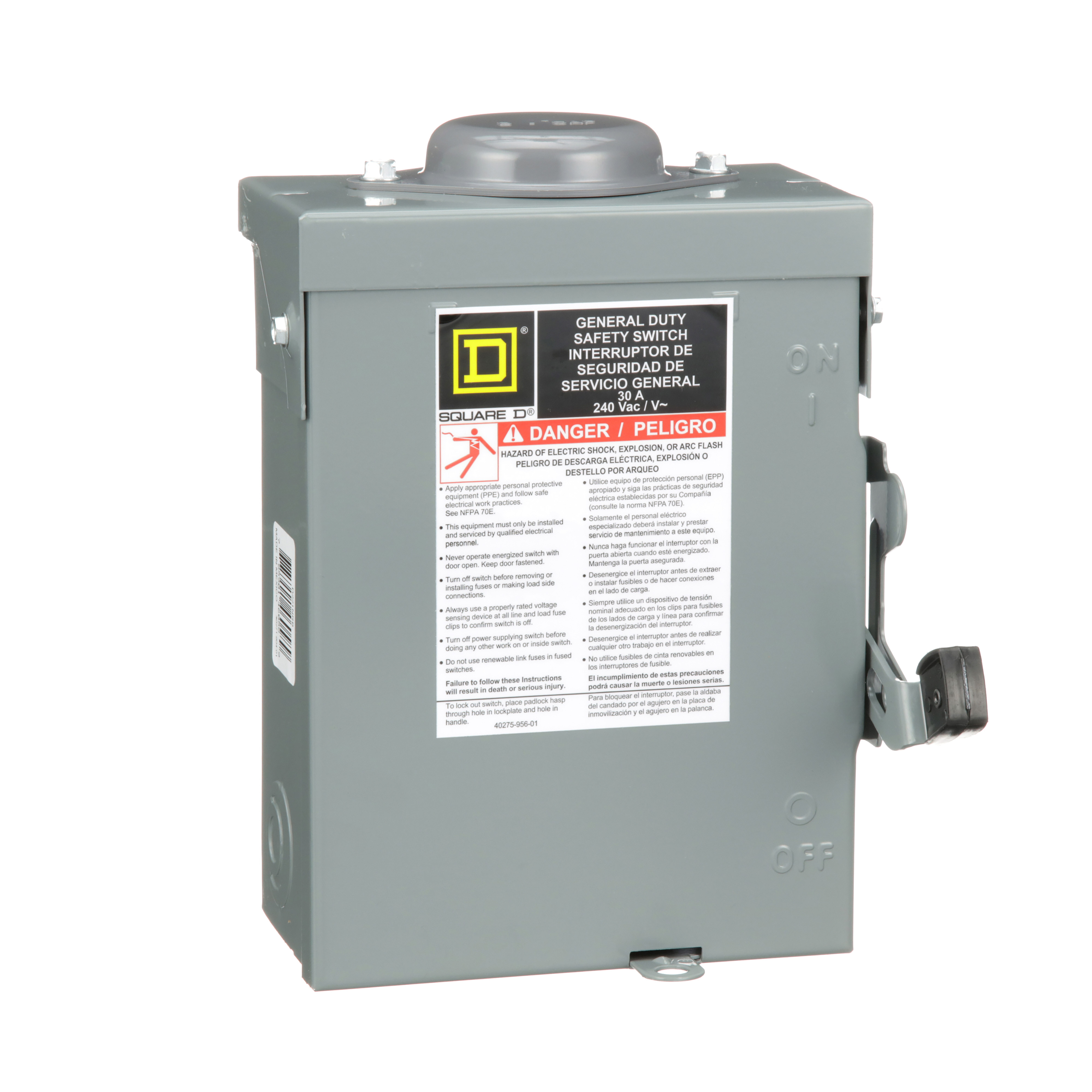 Interruptor de seguridad con porta fusibles Square D de 30A, 2 polos, 240V, NEMA3R, neutro D221NRB