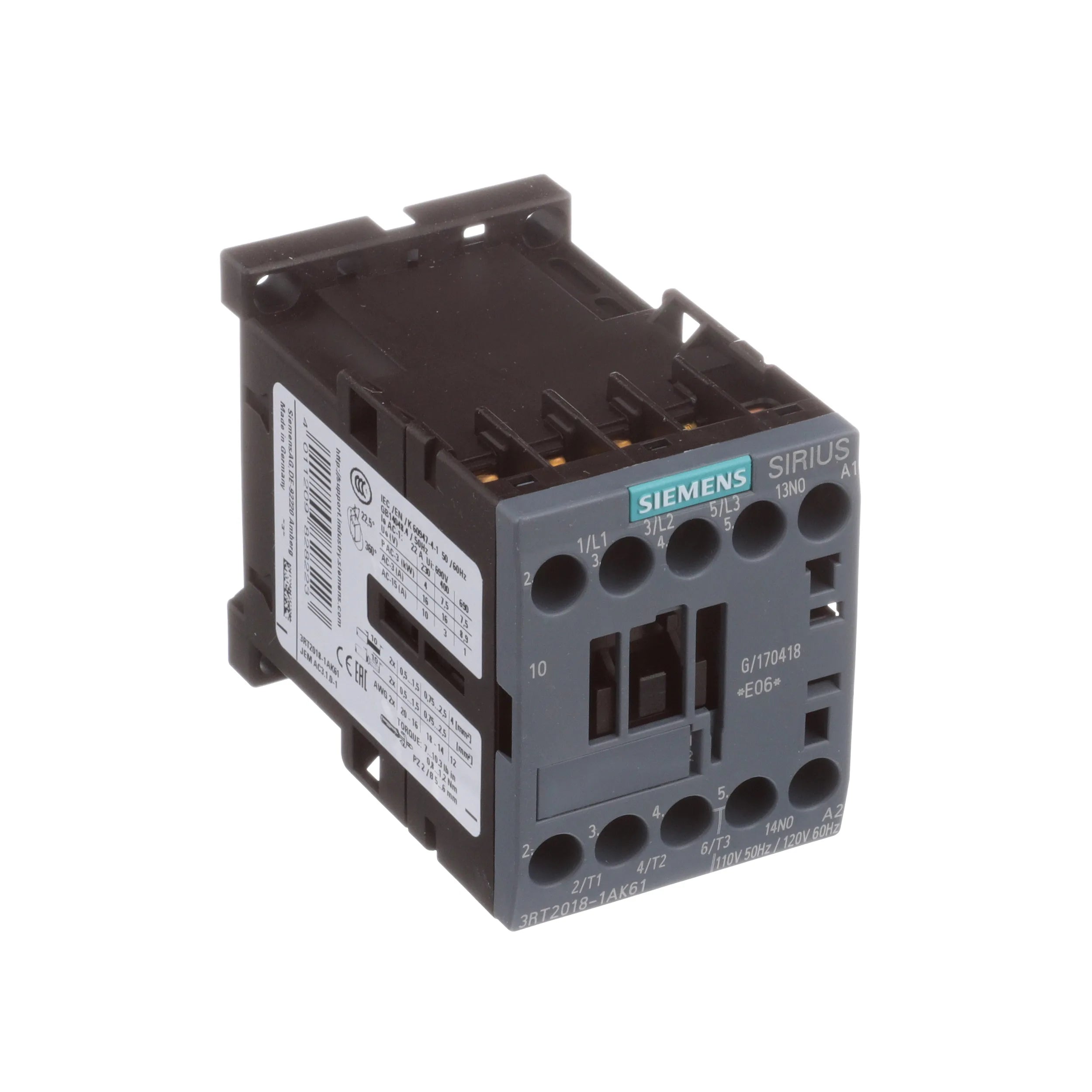 Contactor de potencia Siemens 3RT20181AK61