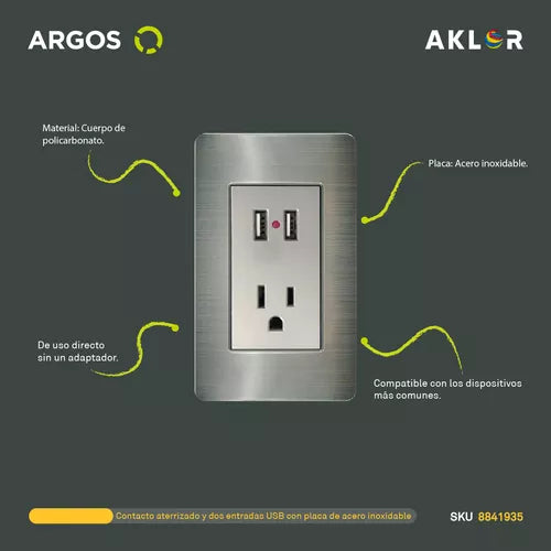 Contacto aterrizado y dos entradas USB con placa de acero inoxidable