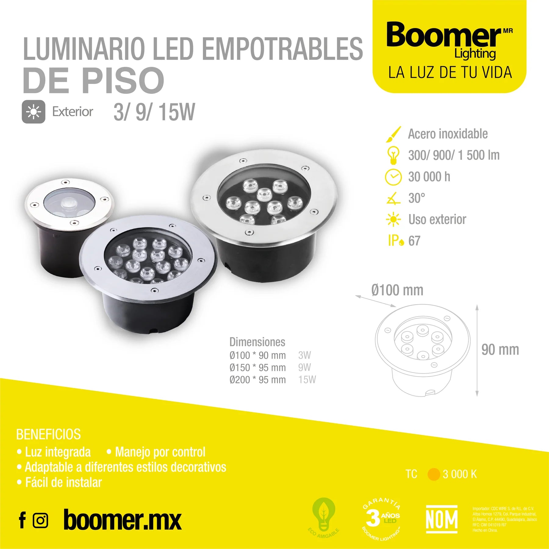 Luminario Empotrable Piso 9W 100-240V 3K