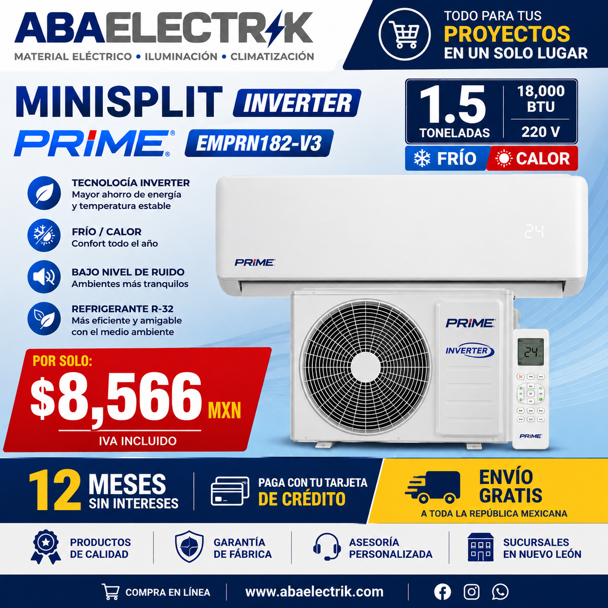 MINISPLIT INVERTER PRIME EMPRN182-V3 – 1.5 TON 220V FRÍO/CALOR