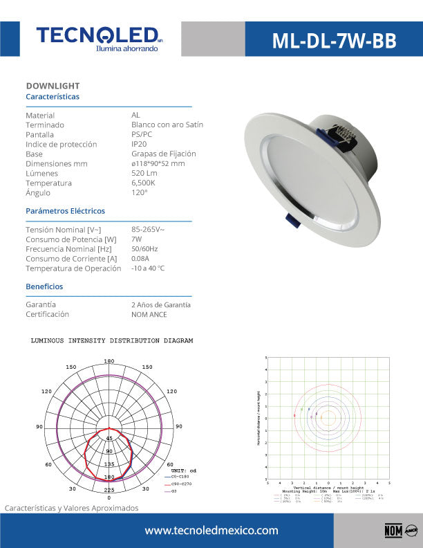 Lámpara Downlight Plata 7W 85-265V 6500K 525LM IP20